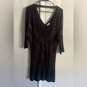 Cache Size M Black Beaded 3/4 Sleeve V-Neck Evening Cocktail Dress Viscose SOFT